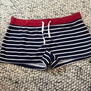 Navy and White Striped Shorts with Red Waistband
